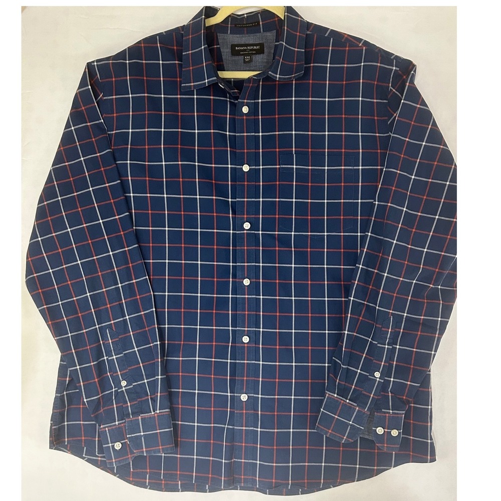 Banana Republic Mens XXL Untucked Fit Navy Red Plaid Organic Cotton Shirt